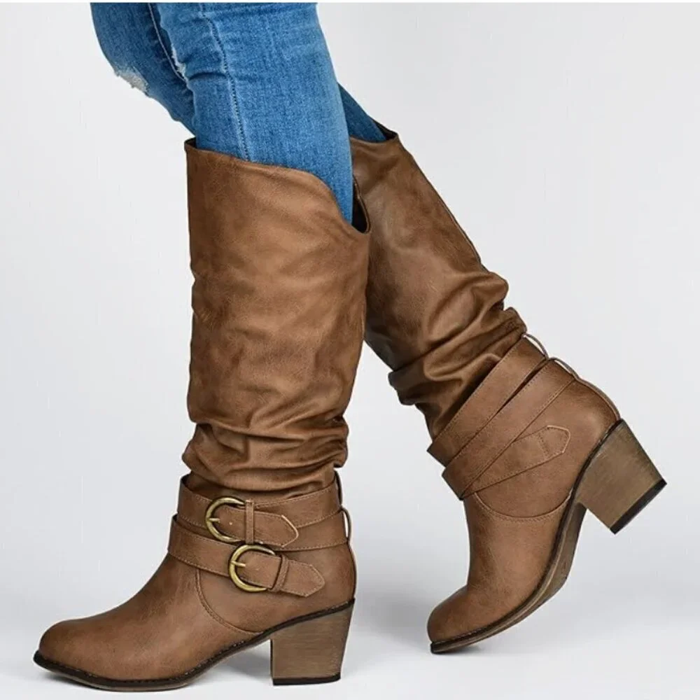 Journee Womens Late Stacked Heel Mid Calf Boots